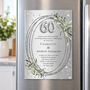 60th wedding anniversary silver greenery diamonds magnetic invitation