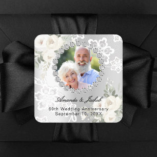 60th Wedding Anniversary silver photo florals lace Square Sticker