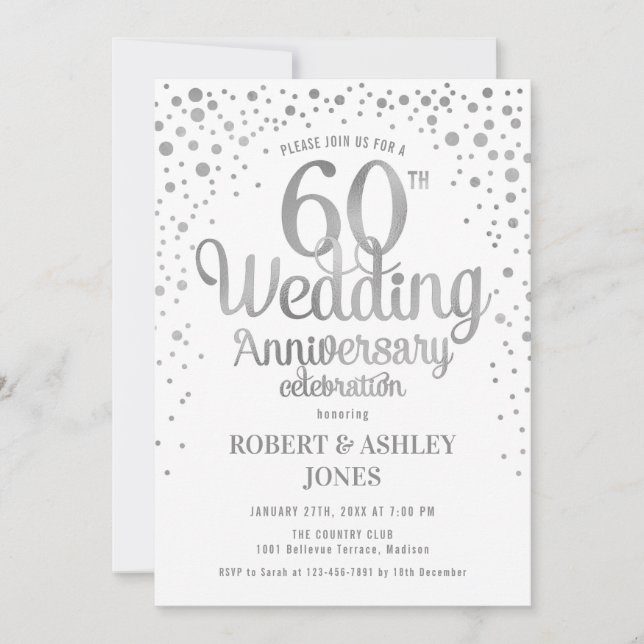 60th Wedding Anniversary - Silver & White Invitation (Front)