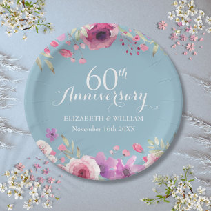 60th Wedding Anniversary Watercolor Roses Floral Paper Plate