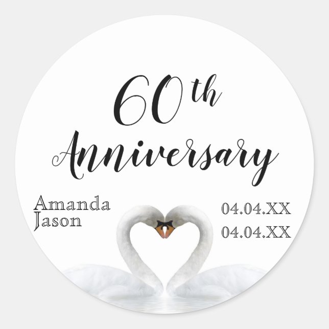 60th wedding anniversary white swans in love names classic round sticker (Front)