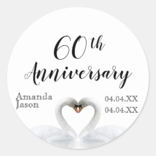 60th wedding anniversary white swans in love names classic round sticker