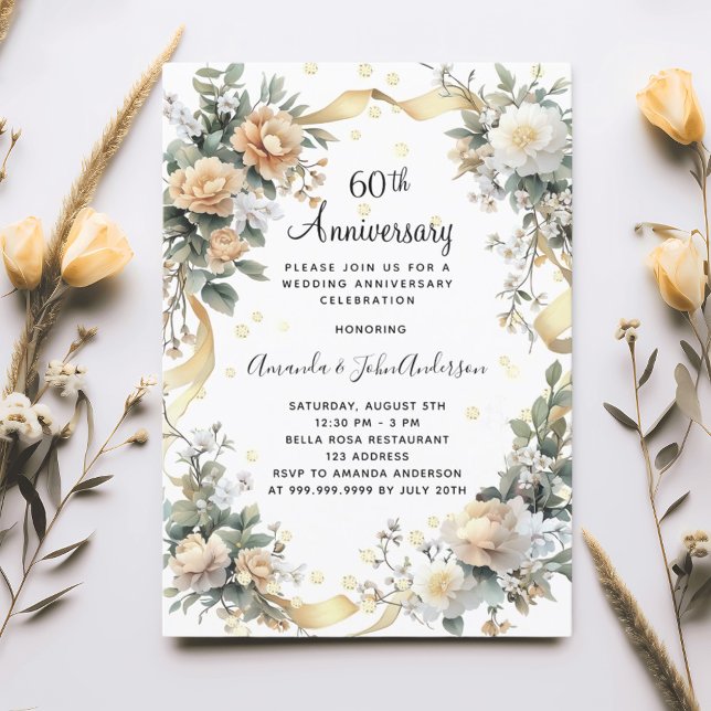 60th wedding anniversary yellow florals diamonds invitation (Creator Uploaded)