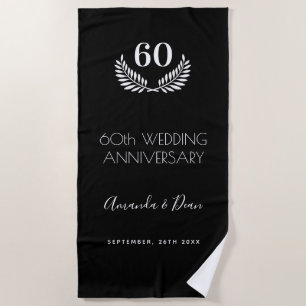 60th wedding annversary black white wreath beach towel