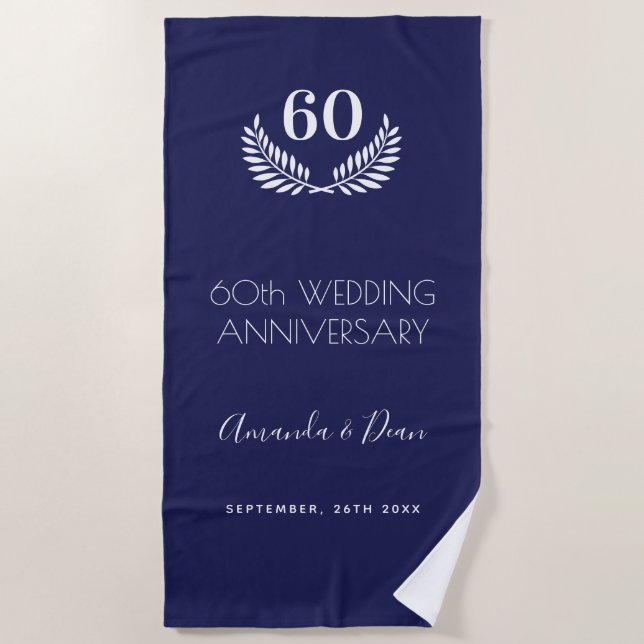 60th wedding annversary navy blue white wreath beach towel (Front)