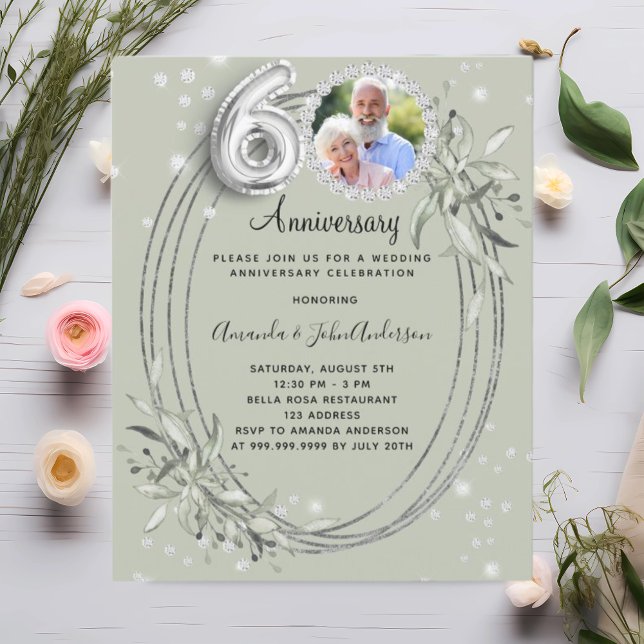 60th wedding photo diamonds sage green invitation (Creator Uploaded)