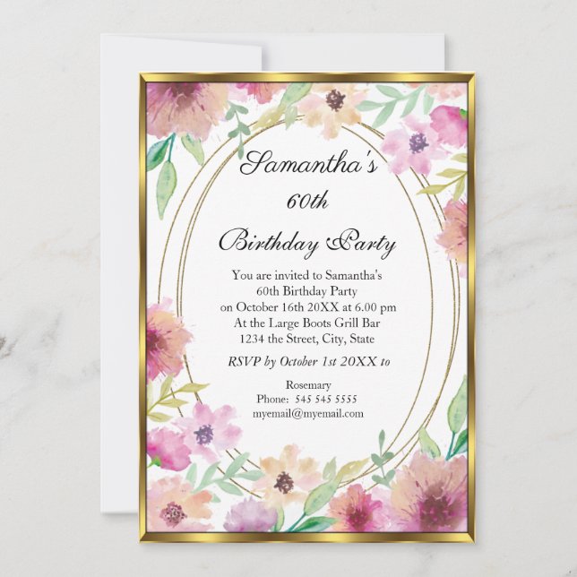 60th White Floral Gold Birthday Party Invitation (Front)
