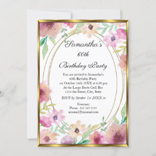 60th White Floral Gold Birthday Party Invitation