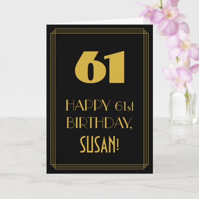 61st Birthday – Art Deco Inspired Look "61" & Name Card (Orchid)