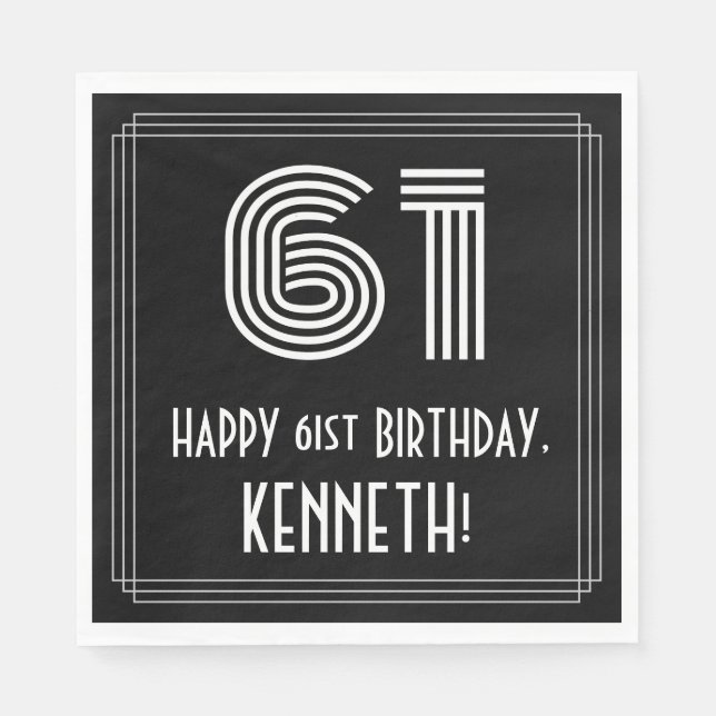 61st Birthday: Art Deco Inspired Look "61" + Name Napkin (Front)