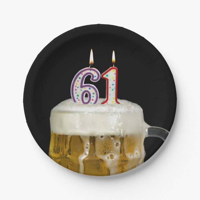 61st birthday beer with candle paper plate (Front)