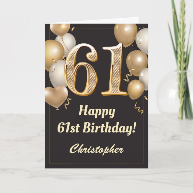 61st Birthday Black and Gold Balloons Confetti Card (Front)