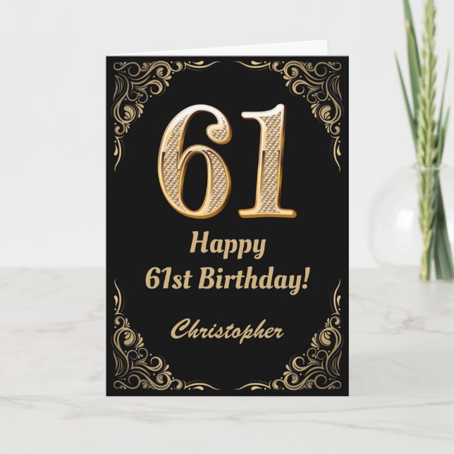 61st Birthday Black and Gold Glitter Frame Card (Front)