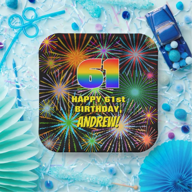 61st Birthday: Colourful, Fun Celebratory Firework Paper Plate (Party)