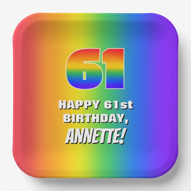 61st Birthday: Colourful, Fun Rainbow Pattern # 61 Paper Plate (Front)
