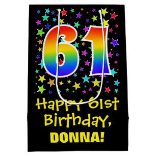 61st Birthday: Colourful Stars Pattern & Rainbow 6 Medium Gift Bag