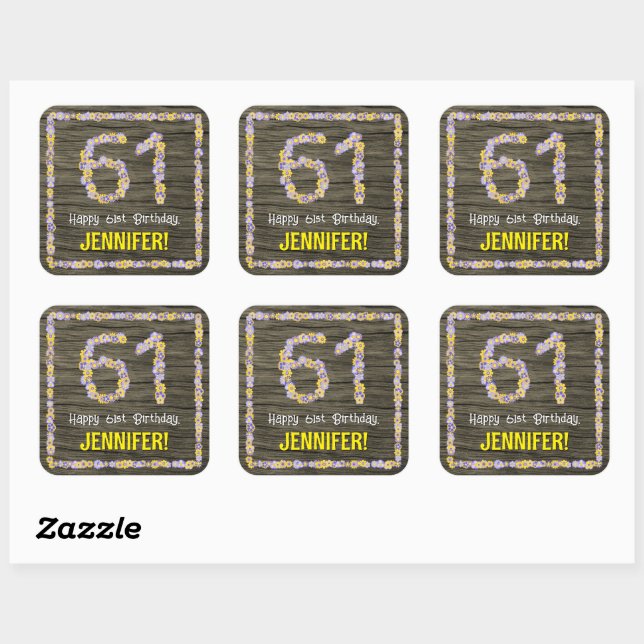 61st Birthday: Floral Number, Faux Wood Look, Name Square Sticker (Sheet)