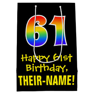 61st Birthday: Fun, Bold, Colourful, Rainbow "61" Medium Gift Bag