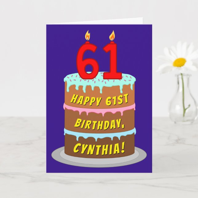 61st Birthday: Fun Cake and Candles + Custom Name Card (Small Plant)