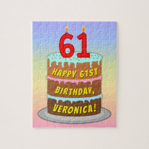 61st Birthday: Fun Cake and Candles + Custom Name Jigsaw Puzzle