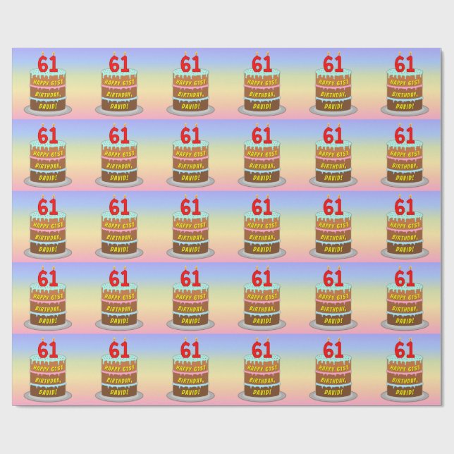 61st Birthday: Fun Cake and Candles + Custom Name Wrapping Paper (Flat)