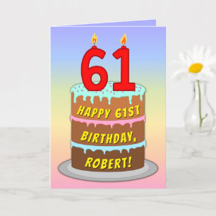 61st Birthday — Fun Cake & Candles, w/ Custom Name Card