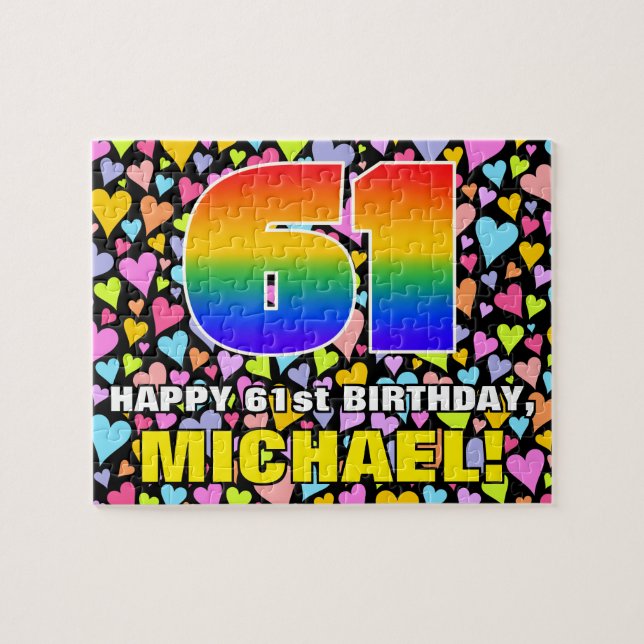 61st Birthday — Fun, Loving Heart Shapes + “61” Jigsaw Puzzle (Horizontal)