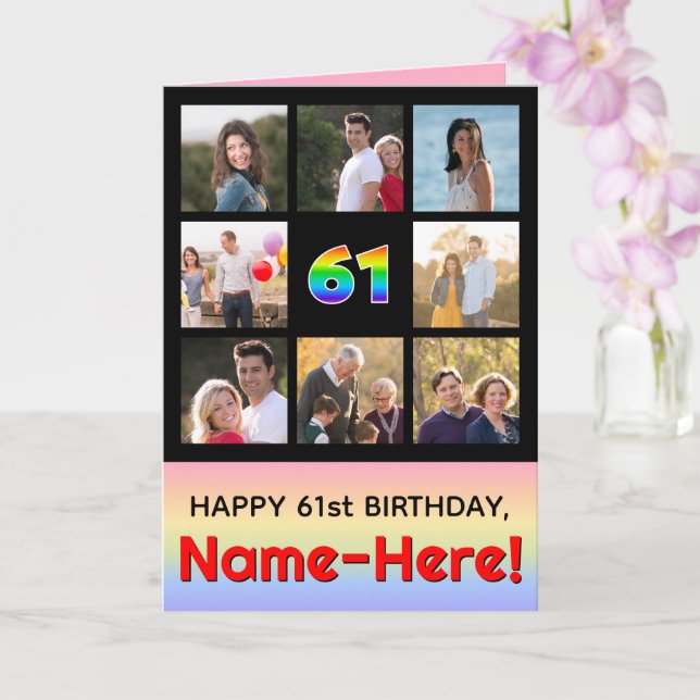 61st Birthday: Fun Rainbow #, Custom Photos + Name Card (Orchid)