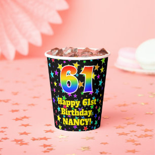 61st Birthday: Fun Stars Pattern and Rainbow 61 Paper Cups