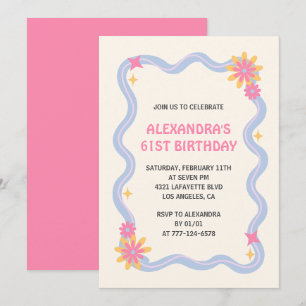 61st birthday invitation Retro Groovy Pink Flowers