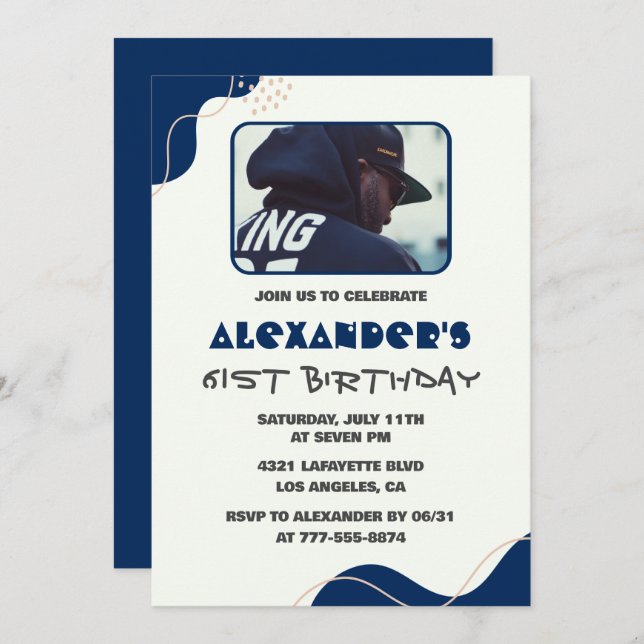 61st birthday invitations Men Navy Simple Photo (Front/Back)