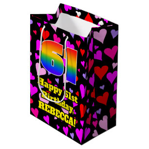 61st Birthday: Loving Hearts Pattern, Rainbow # 61 Medium Gift Bag