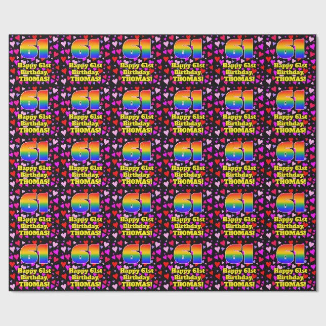 61st Birthday: Loving Hearts Pattern, Rainbow # 61 Wrapping Paper (Flat)