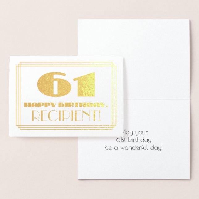61st Birthday; Name + Art Deco Inspired Look "61" Foil Card (Display)