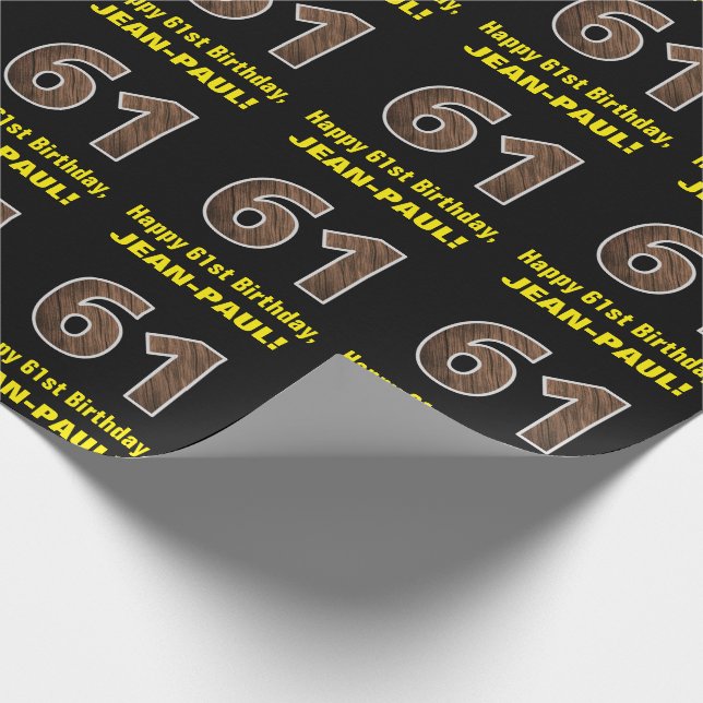 61st Birthday: Name & Faux Wood Grain Pattern "61" Wrapping Paper (Corner)