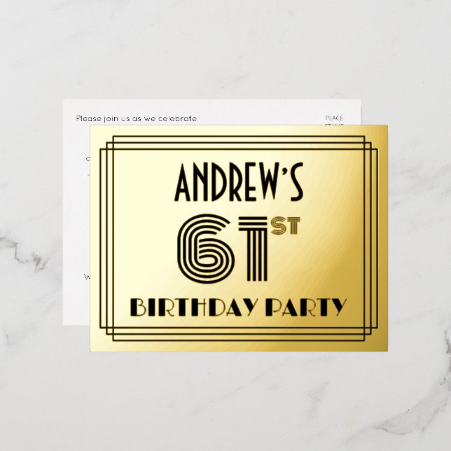 61st Birthday Party ~ Art Deco Style “61” + Name Foil Invitation Postcard (Front/Back)