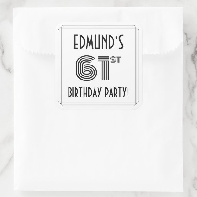 61st Birthday Party: Art Deco Style + Custom Name Square Sticker (Bag)