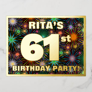 61st Birthday Party: Bold, Colourful Fireworks Loo Foil Invitation Postcard