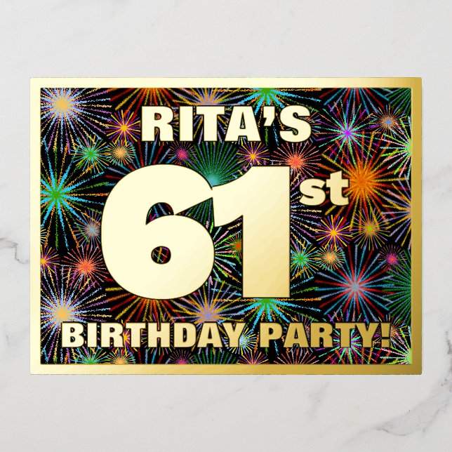 61st Birthday Party: Bold, Colourful Fireworks Loo Foil Invitation Postcard (Front)
