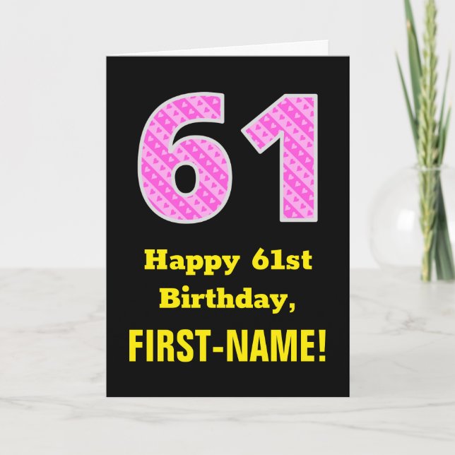 61st Birthday: Pink Stripes and Hearts "61" + Name Card (Front)