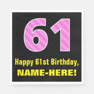 61st Birthday: Pink Stripes and Hearts "61" + Name Napkin