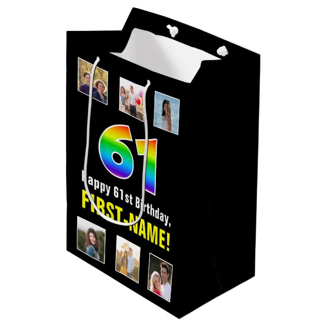 61st Birthday: Rainbow “61“, Custom Photos & Name Medium Gift Bag (Front Angled)