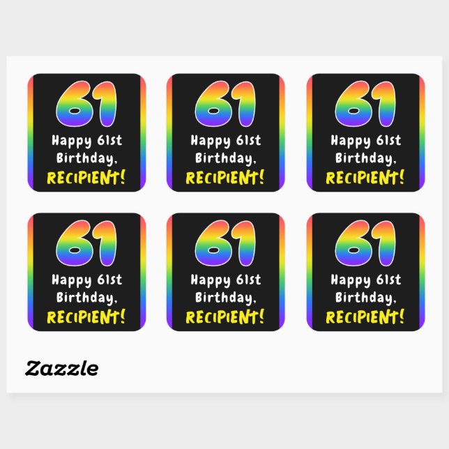61st Birthday: Rainbow Spectrum # 61, Custom Name Square Sticker (Sheet)