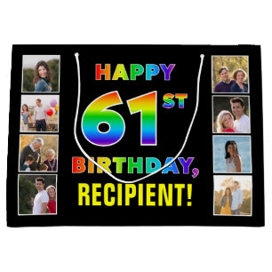 61st Birthday: Rainbow Text, Custom Photos & Name Large Gift Bag