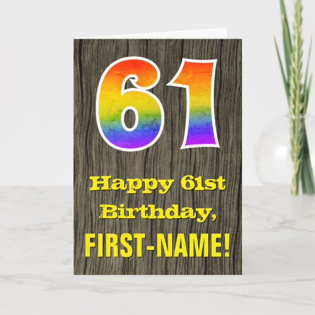 61st Birthday: Rustic Faux Wood Look, Rainbow "61" Card (Front)