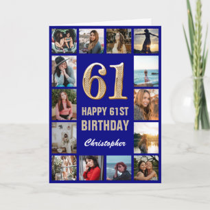 61st Happy Birthday Navy Blue & Gold Photo Collage Card