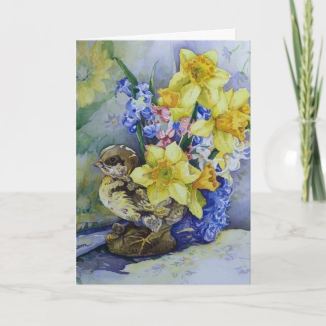 6296 Daffodils in Bird Planter Birthday Card (Front)