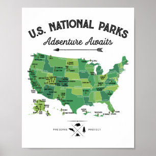 62 National Parks Map Us Park Vintage Camping Hiki Poster