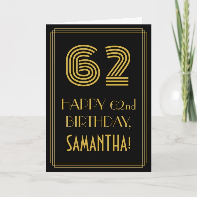 62nd Birthday: Art Deco Inspired Look "62" & Name Card (Front)