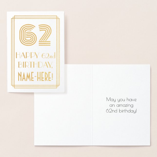 62nd Birthday - Art Deco Inspired Look "62" & Name Foil Card (Display)